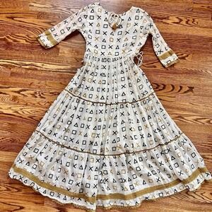 Embroidered White 3/4 Sleeve Maxi Dress Gold Trim & Tassel Details Sz S